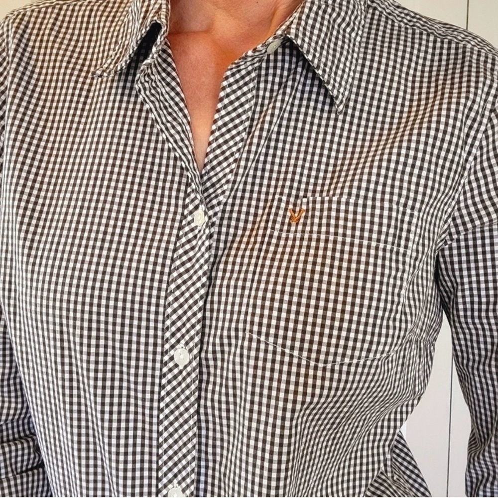 AE American Eagle Gingham Button Down Shirt Brown Green Size 10, fits like 8.